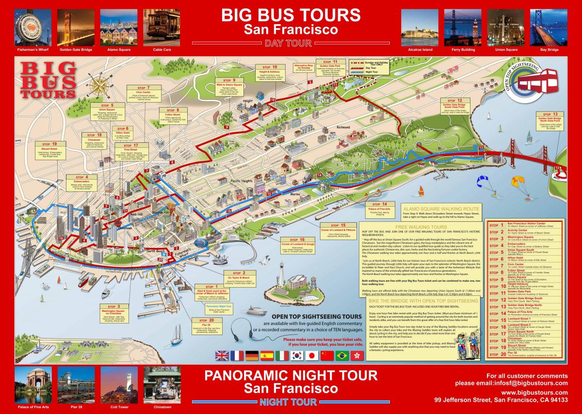 stor rød bus, San Francisco-kort