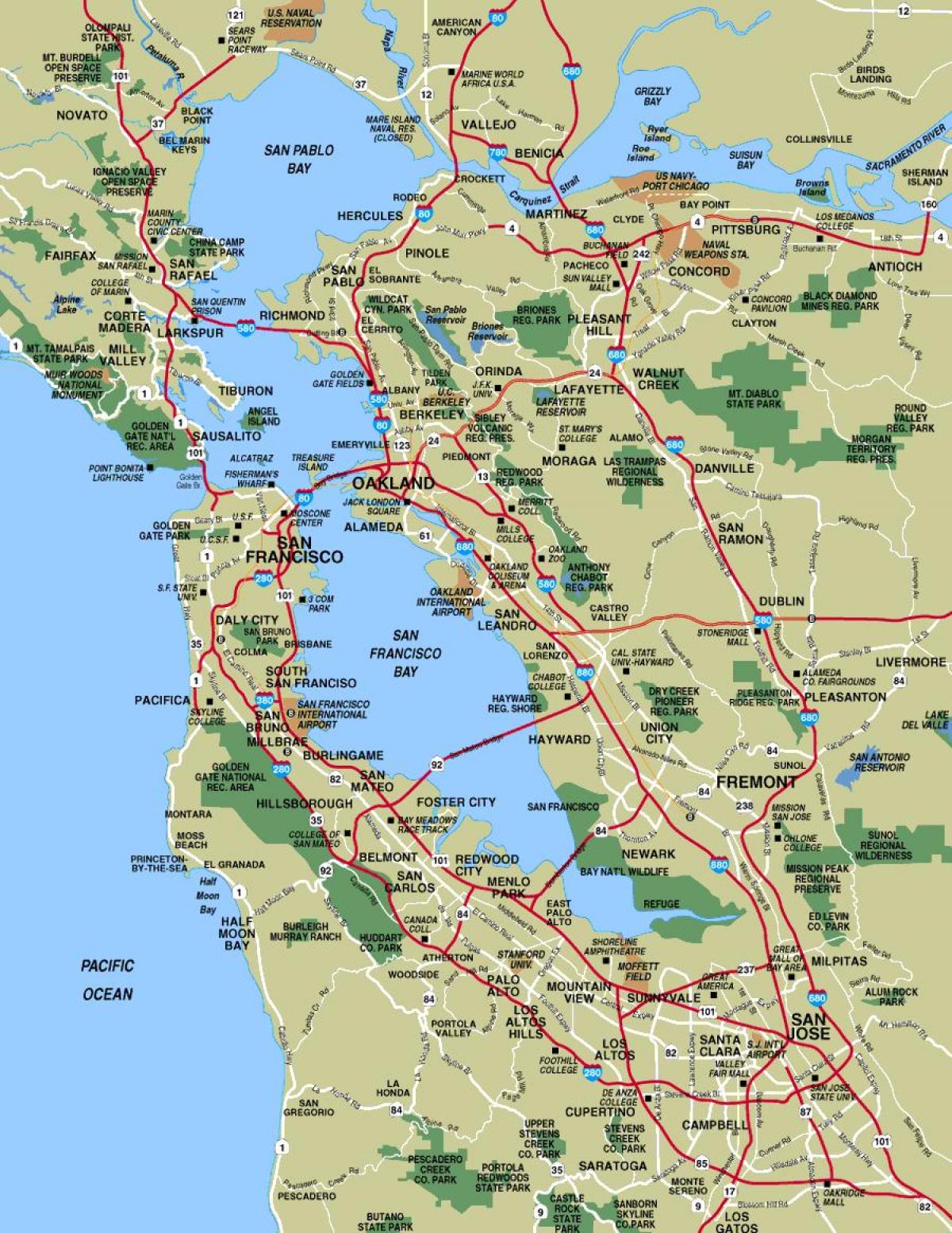 kort over byer rundt om San Francisco
