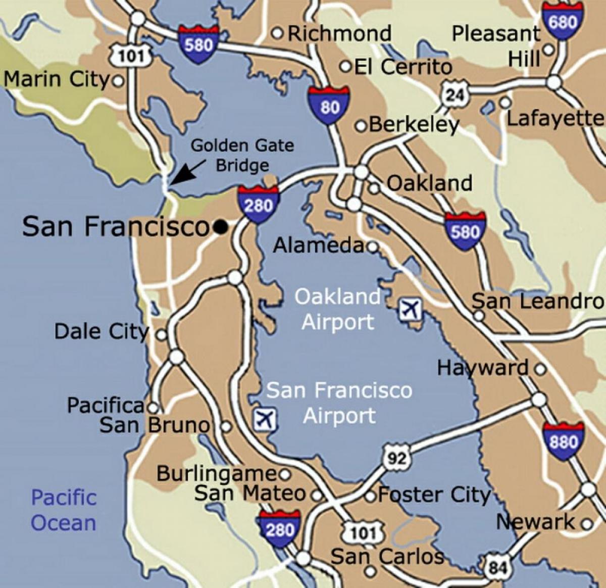 Kort over San Francisco lufthavn og omkringliggende område