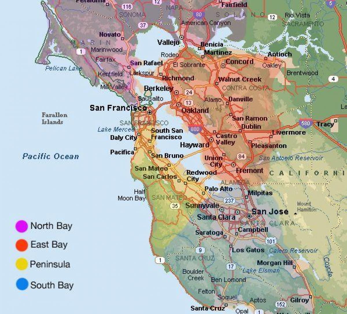 San Francisco område kort og omkringliggende område