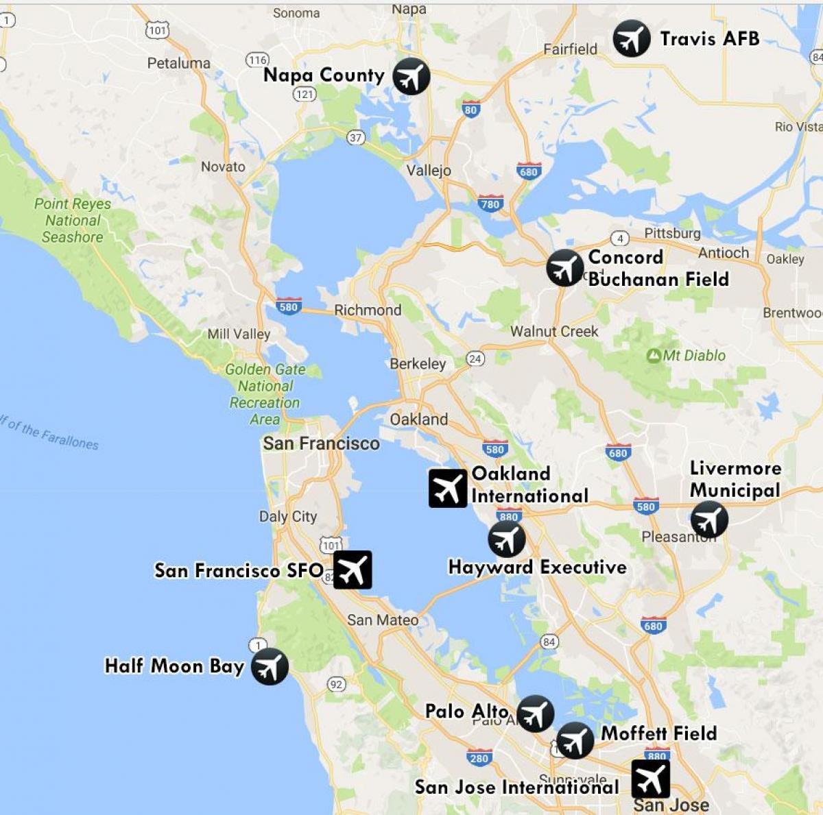 lufthavne i nærheden af San Francisco-kort