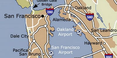 Kort over San Francisco lufthavn og omkringliggende område